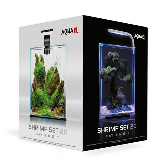 Aquael Shrimp Set - Day &amp; Night - 20L - Blanc ou Noir (Sur Livraison) (Mousse de Java, sol pour crevettes, feuilles de catappa, cônes d’aulne et Shrimp Fit inclus.) - NageoireBleue