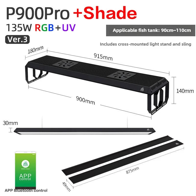 Week Aqua P Series Ver.3 P600 P900 P1200 PRO and Shade Aquarium LED Light, RGB Landscaping Lamp, App Control, Adjustable Height